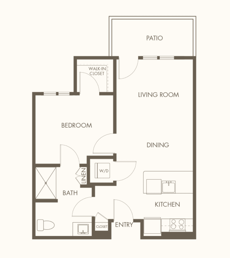 One-bedroom apartment floor plan with living room, dining area, kitchen, bathroom, and patio.