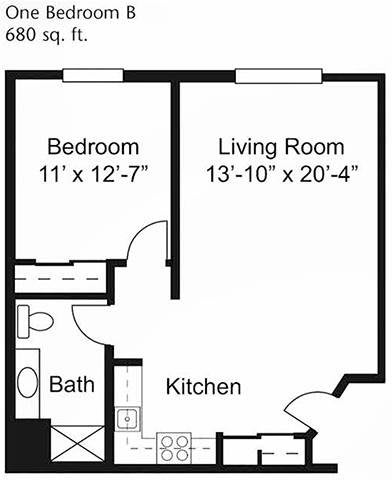 A floor plan showing a one-bedroom apartment with a living room, kitchen, and bathroom.
