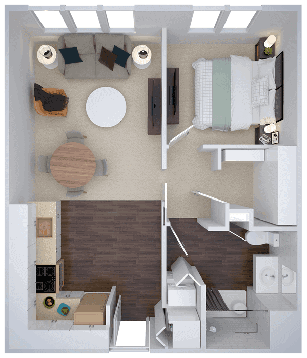 A modern apartment floor plan featuring a bedroom, living area, kitchen, and bathroom.