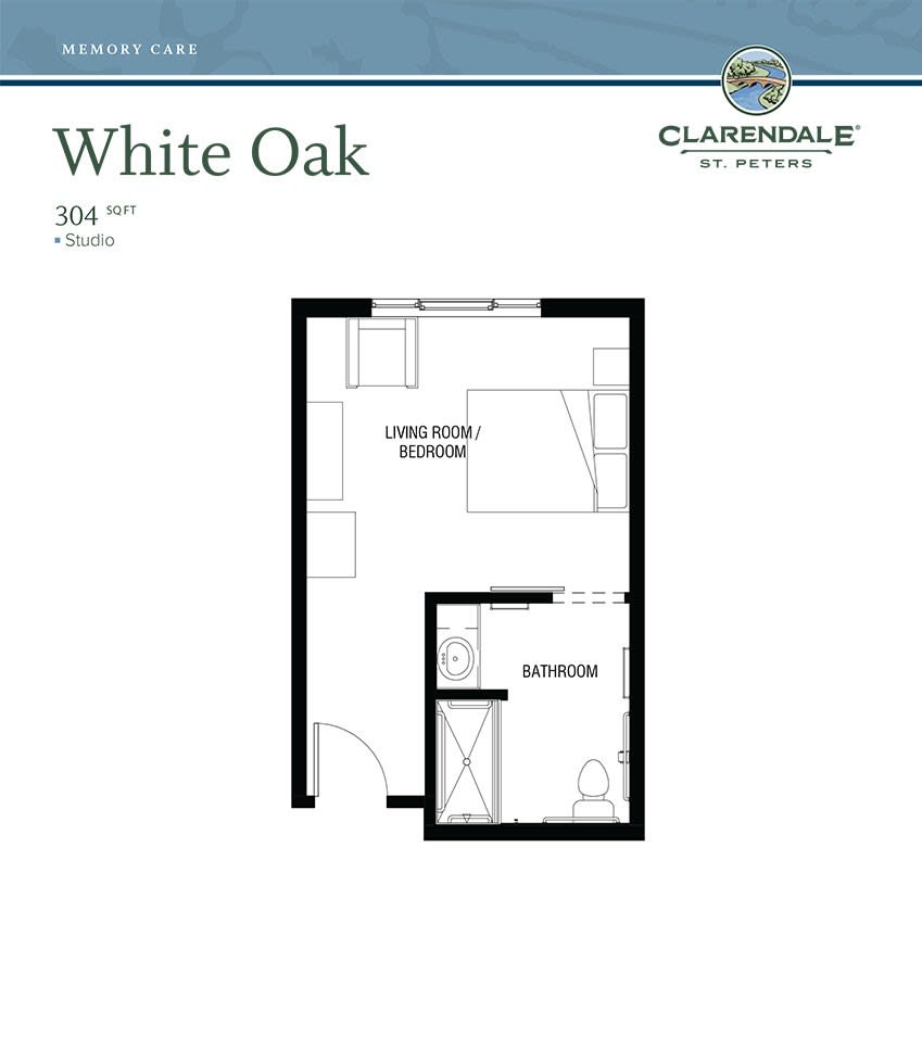 Floor plan of a studio apartment named 'White Oak', featuring a living area and a bathroom.