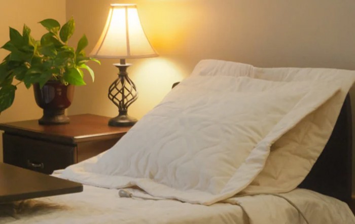 A cozy bedroom scene with a pillow on the bed and a lamp on the nightstand.