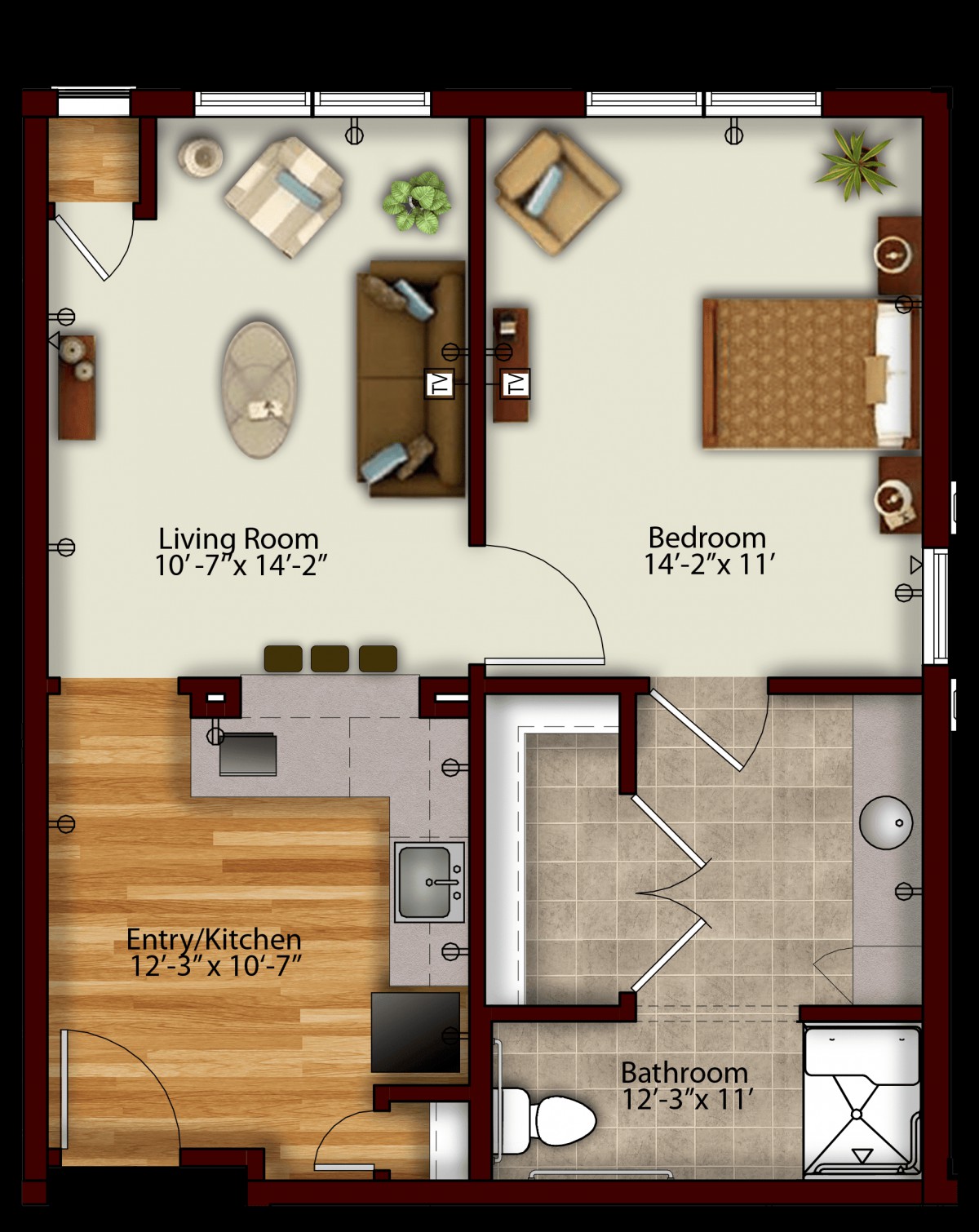 A detailed floor plan of a small apartment featuring a living room, bedroom, kitchen, and bathroom.