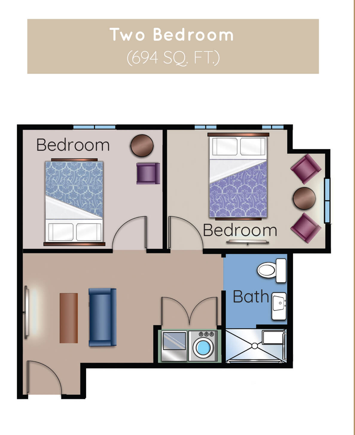 A floor plan of a two-bedroom apartment with a living room and bathroom.