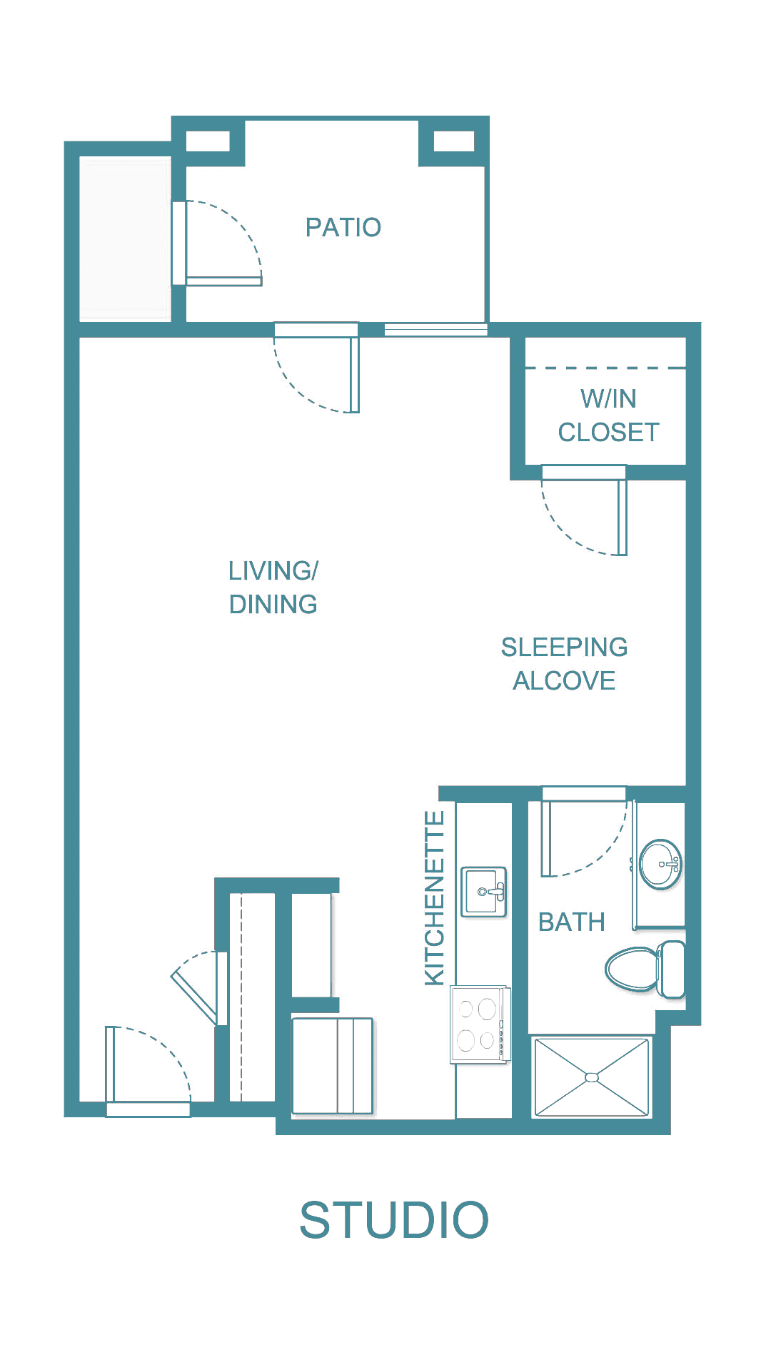 Studio apartment floor plan with living/dining area, sleeping alcove, kitchenette, and bath.