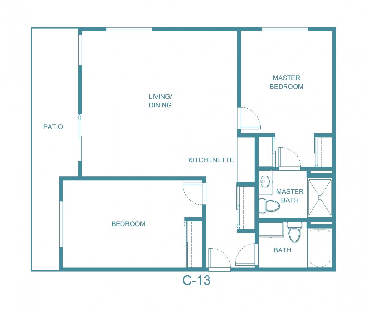 A floor plan of a two-bedroom apartment including a living area, kitchen, and bathrooms.