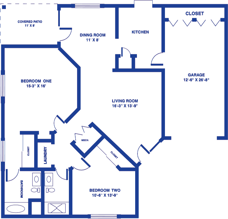 Blueprint-style floor plan of an apartment showing room dimensions and layout.