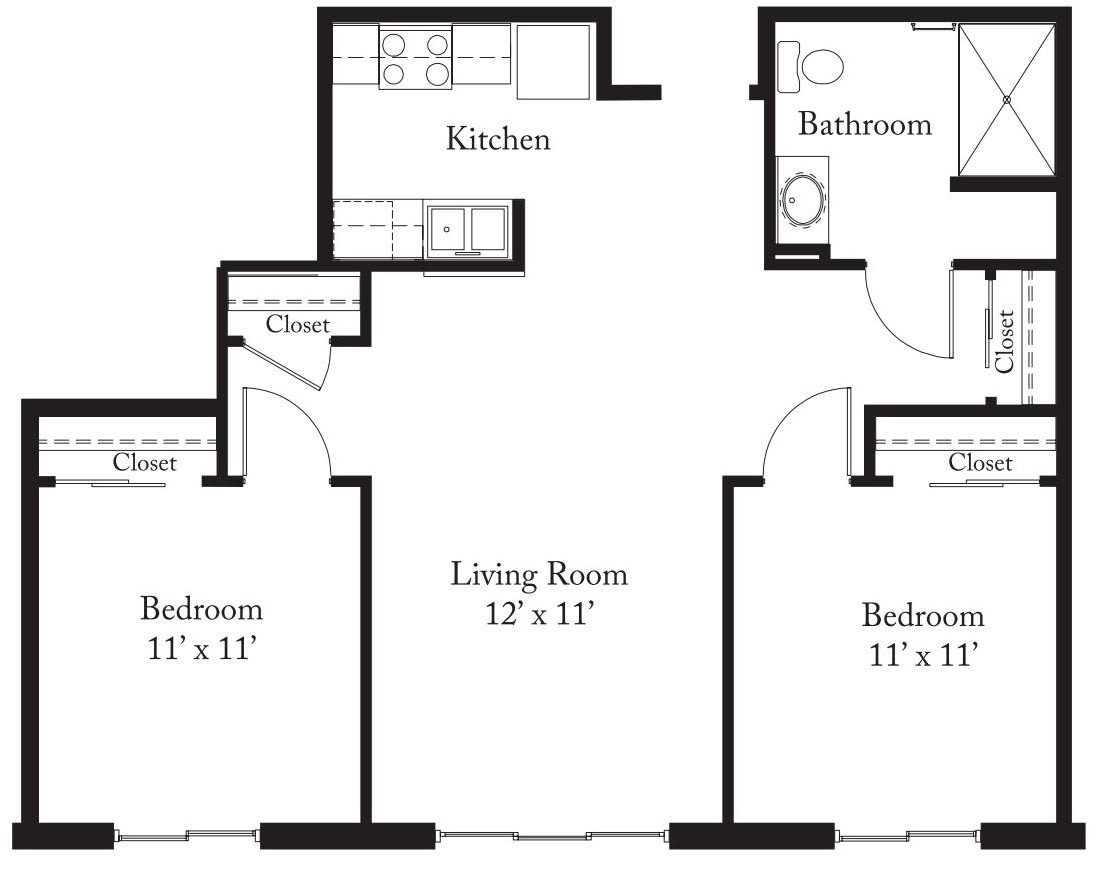 A floor plan of a two-bedroom apartment with a living room, kitchen, and bathroom.