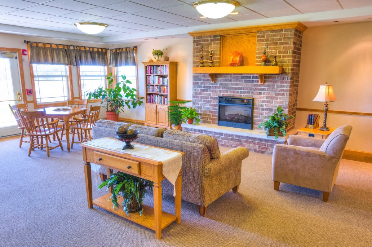 A cozy living room with a fireplace, sofas, and indoor plants.