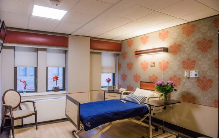 A well-appointed hospital room featuring a comfortable patient bed and vibrant floral decor.