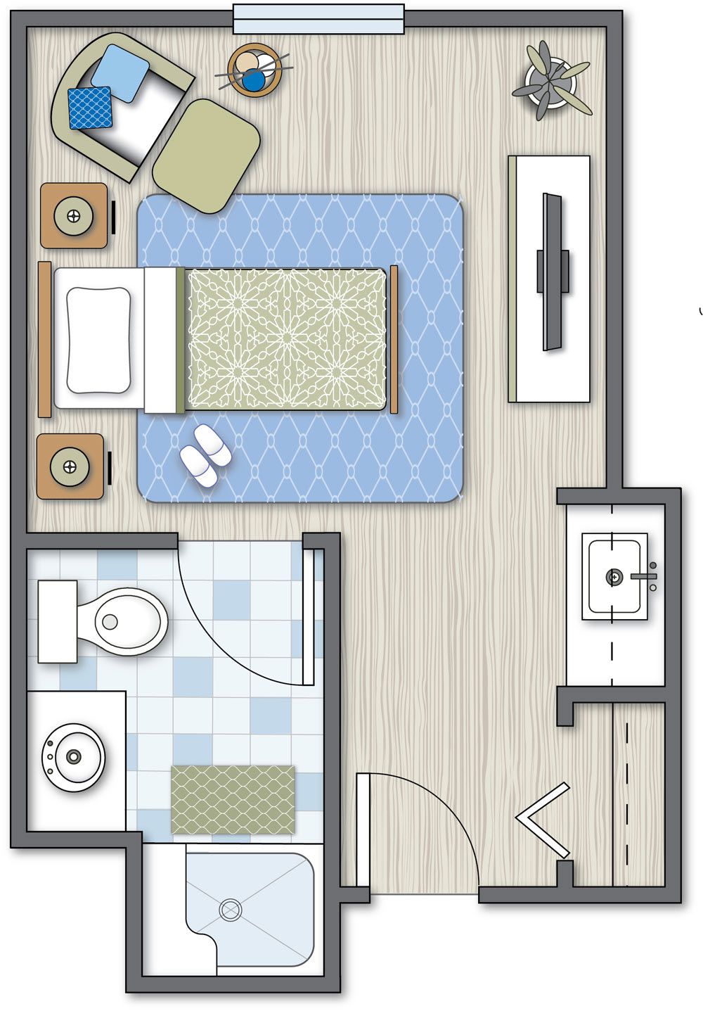 A detailed floor plan of a bedroom with an attached bathroom.