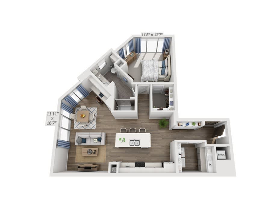 A 3D floor plan of a modern apartment showcasing an open living space, kitchen, and multiple rooms.