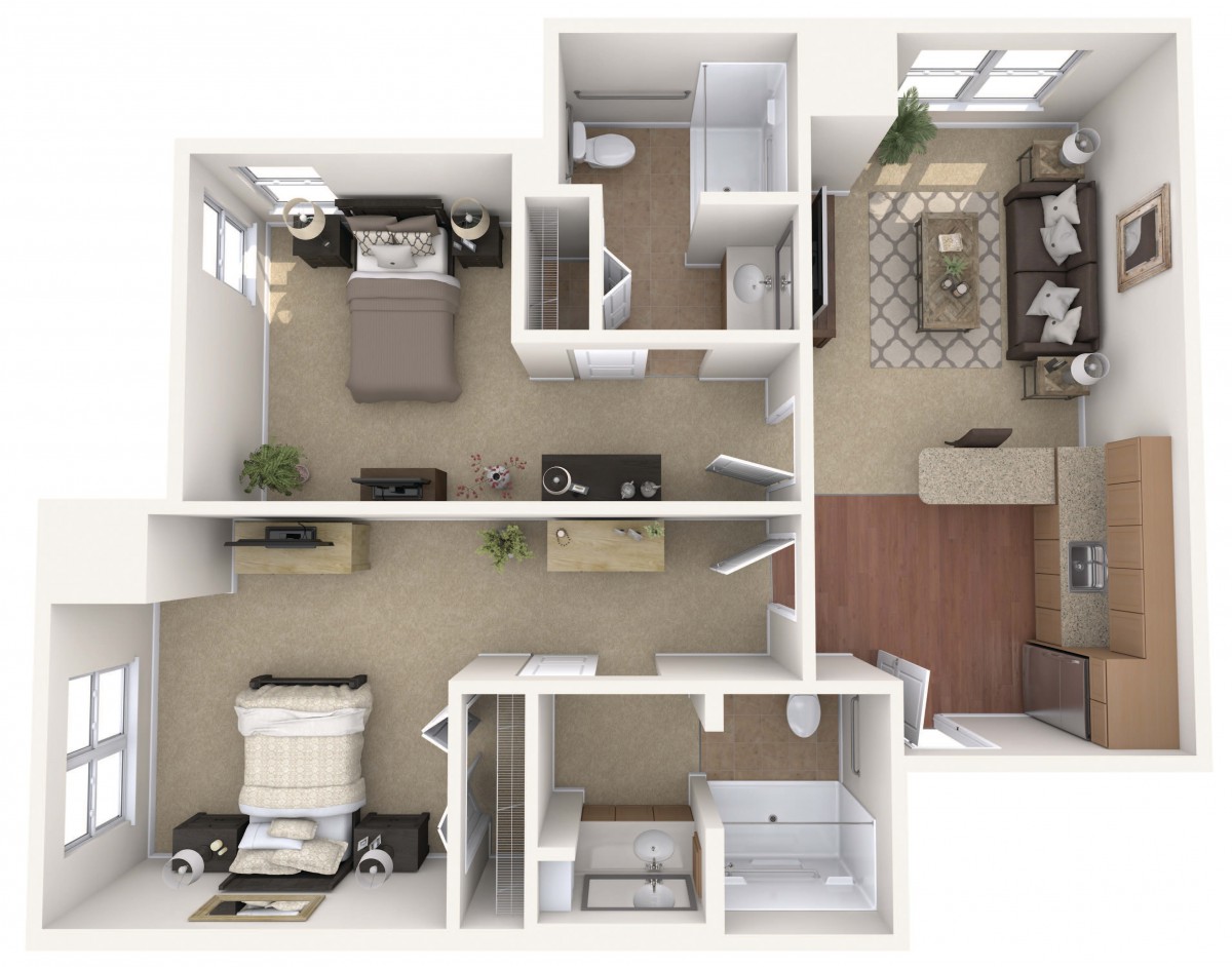 A 3D floor plan of a two-bedroom apartment featuring an open concept living room and kitchen, with two bedrooms and a bathroom.
