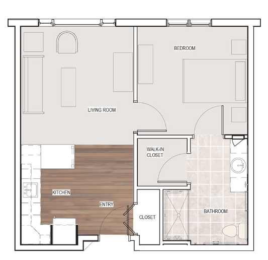 This is a floor plan of an apartment featuring a one-bedroom layout with a kitchen, bathroom, and living area.