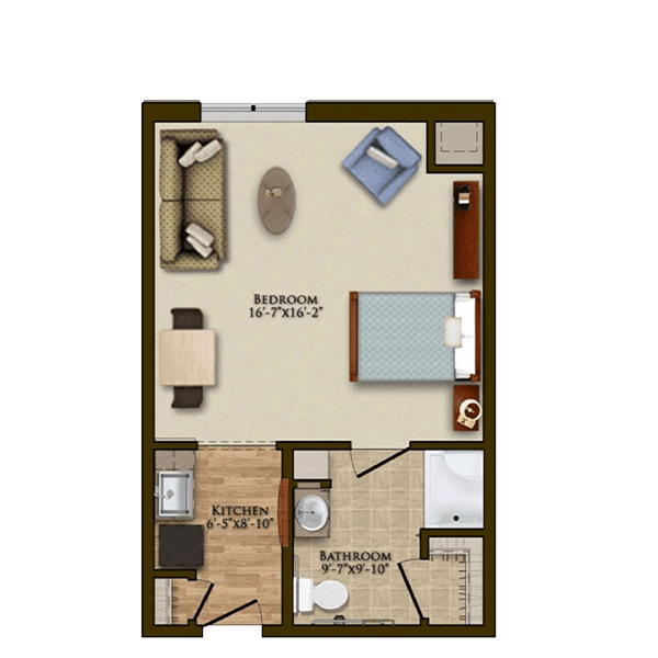 Floor plan of a 1-bedroom apartment with living area, kitchen, and bathroom.
