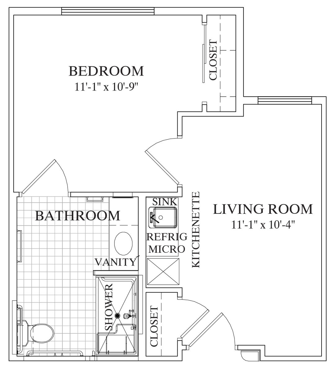 A floor plan of a one-bedroom apartment featuring a living room, kitchenette, bathroom, and closets.