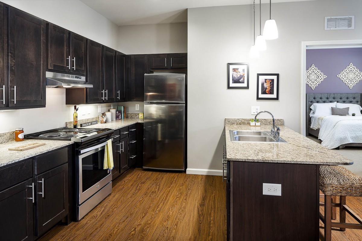 A modern kitchen with stainless steel appliances and dark cabinetry, featuring wood flooring and pendant lighting.