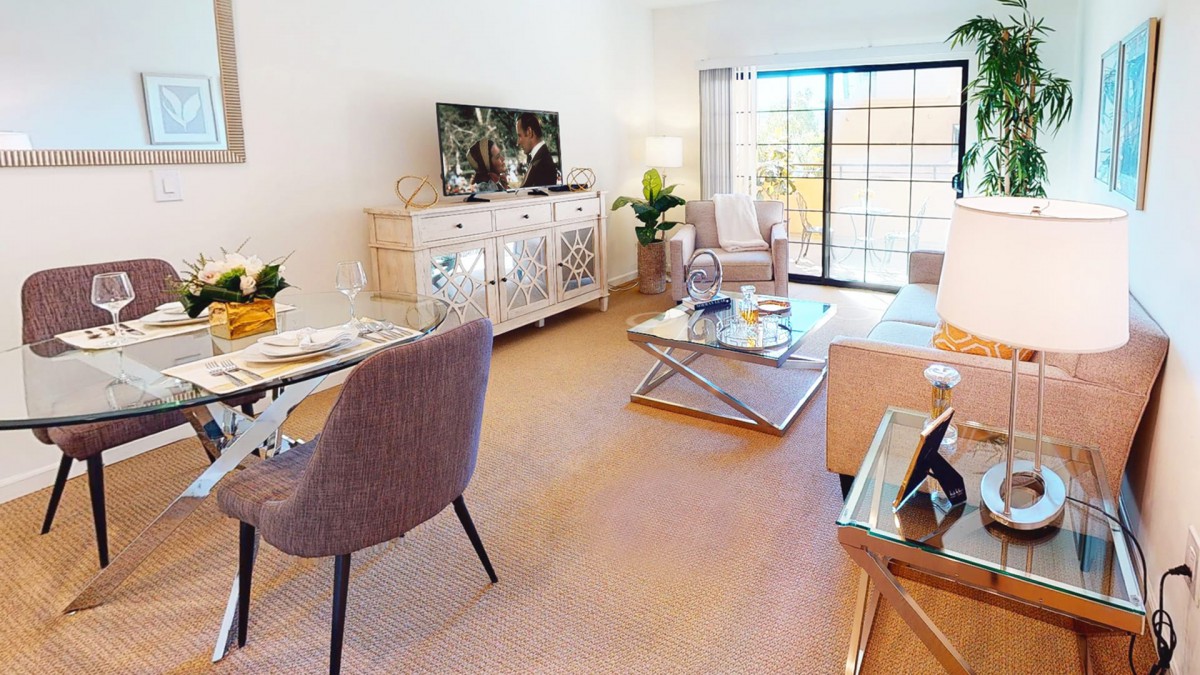 A modern living room with elegant furniture and decor, featuring a television and sliding glass doors.