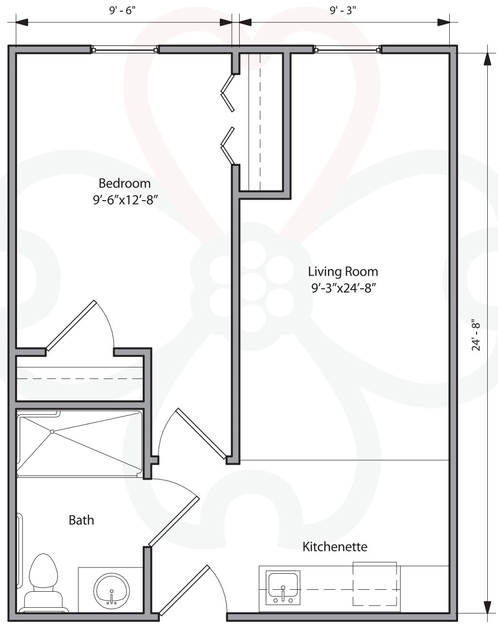 Floor plan of a one-bedroom apartment.