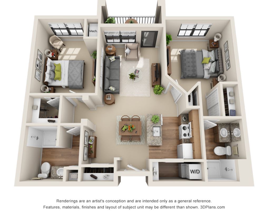 A 3D rendered floor plan of a two-bedroom apartment featuring a living area, kitchen, bathroom, and balcony.