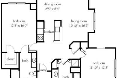 A detailed floor plan of an apartment, showing dimensions of rooms and layout.