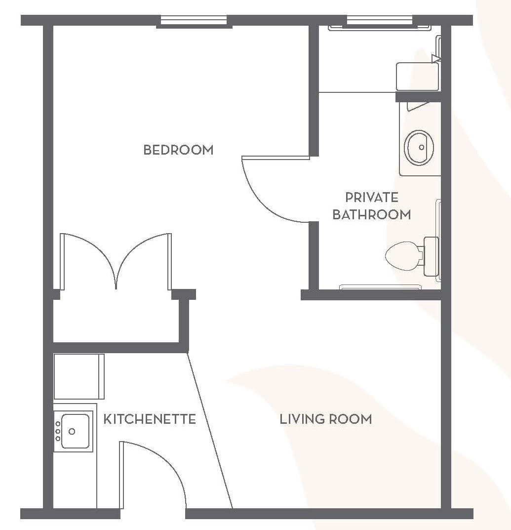 A simple floor plan featuring a bedroom, private bathroom, living room, and kitchenette.