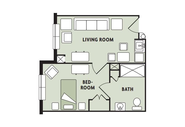 A floor plan of a one-bedroom apartment with a living room and bathroom.