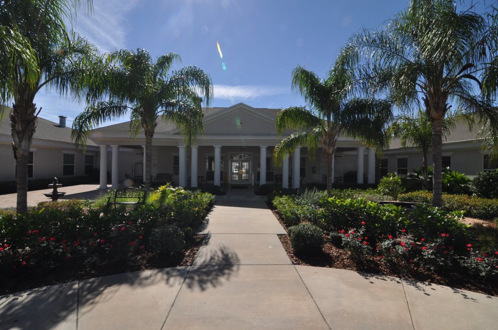 A sunny view of a building entrance lined with palm trees and well-maintained landscaping.