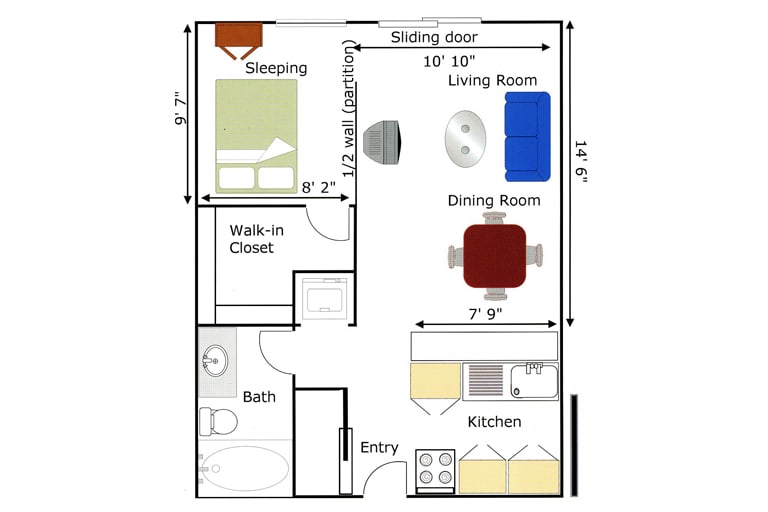 This image shows a floor plan of a one-bedroom apartment with designated areas for sleeping, living, dining, and kitchen.