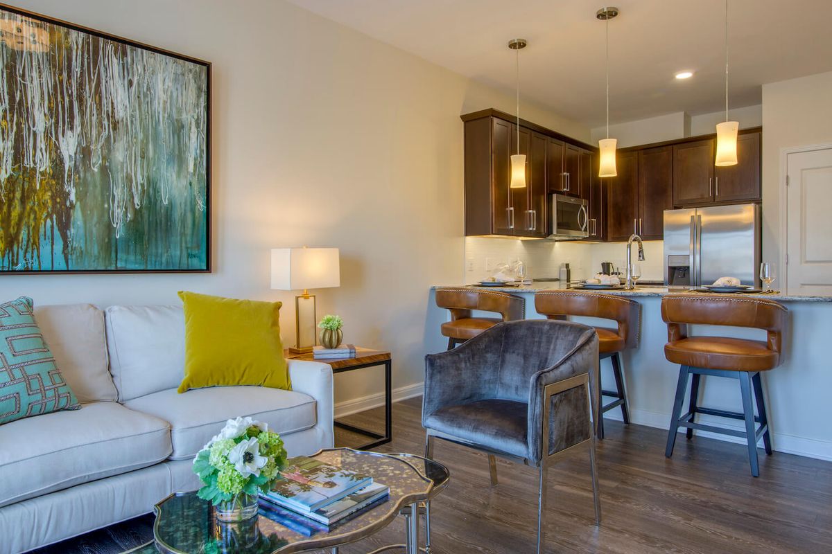Modern open-concept living room and kitchen with stylish furnishings.