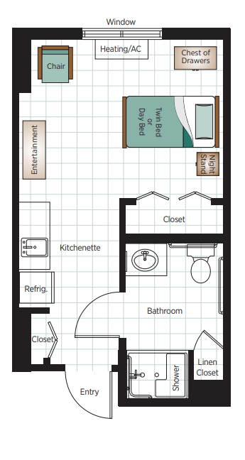Studio apartment floor plan with designated areas for living, sleeping, and cooking.
