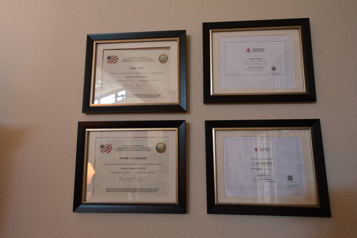 Framed certificates hanging on a wall, representing achievements and accolades.