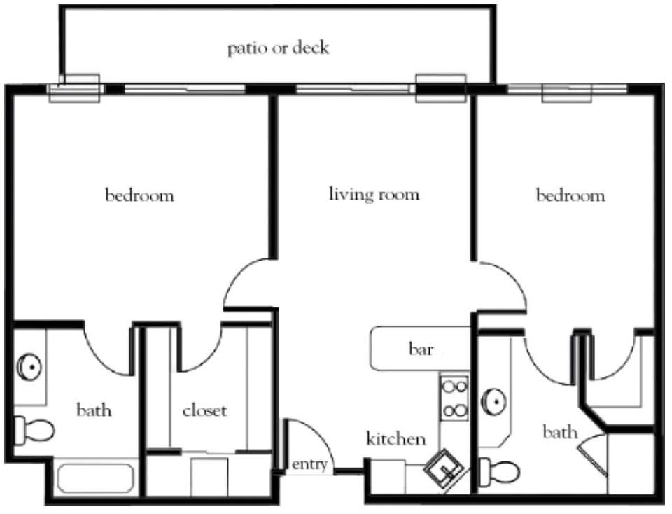 This image shows a floor plan of an apartment with two bathrooms, a kitchen, living room, bedroom, and a patio or deck.