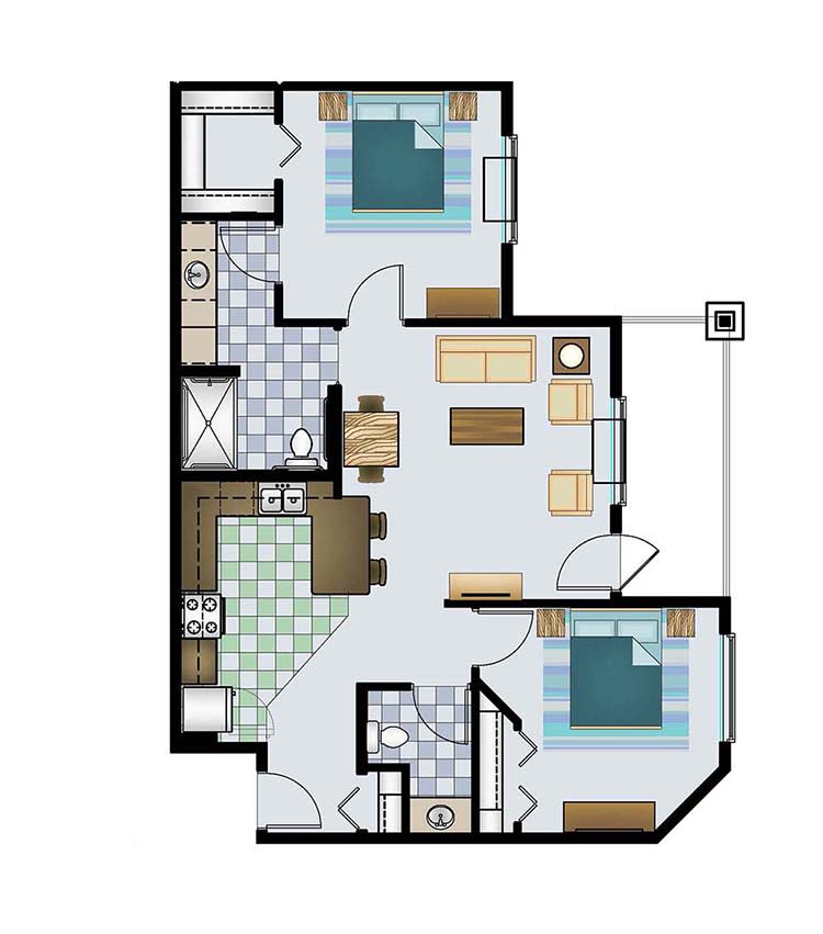 A floor plan of a two-bedroom apartment featuring a kitchen, living room, and two bathrooms.