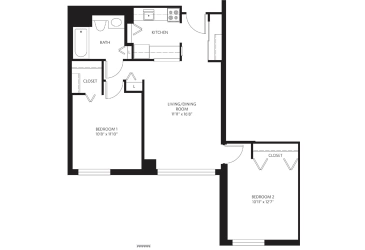 Floor plan of a one-bedroom apartment with labeled rooms and layout.
