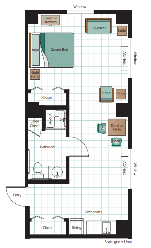 An apartment floor plan showing the arrangement of rooms and furniture.