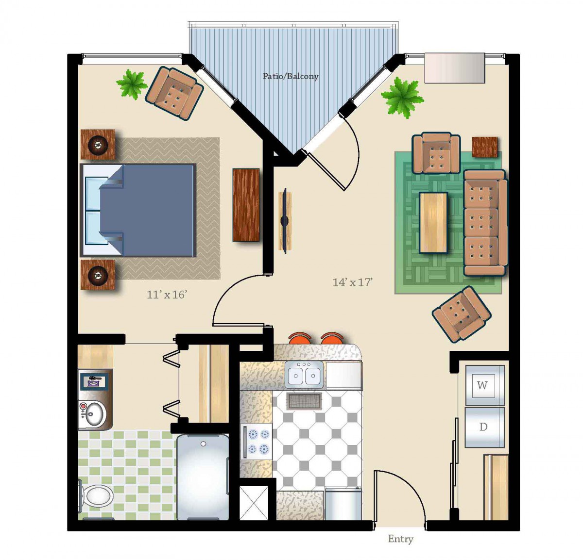 A detailed floor plan of a one-bedroom apartment with a living room, kitchen, and bathroom.