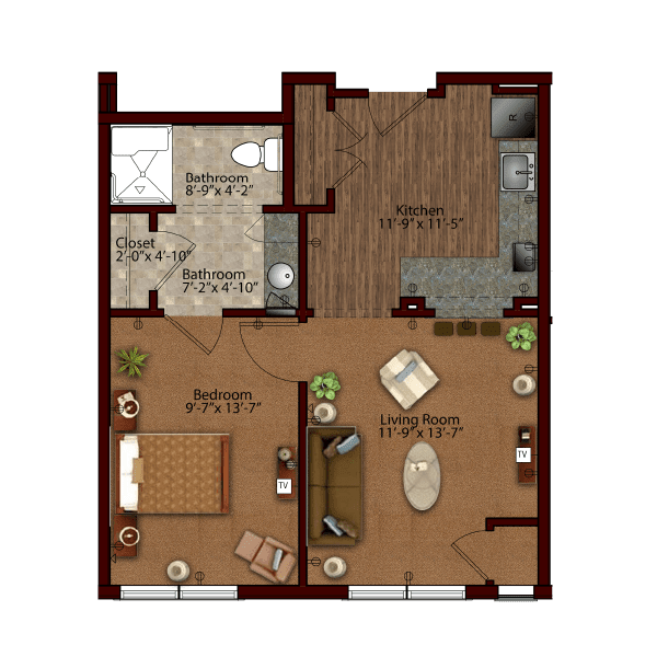A cozy one-bedroom apartment floor plan featuring a living room, kitchen, and bathroom.