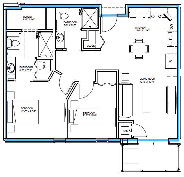 A detailed floor plan showing the layout of a residential space, including bedrooms, bathrooms, kitchen, and living area.