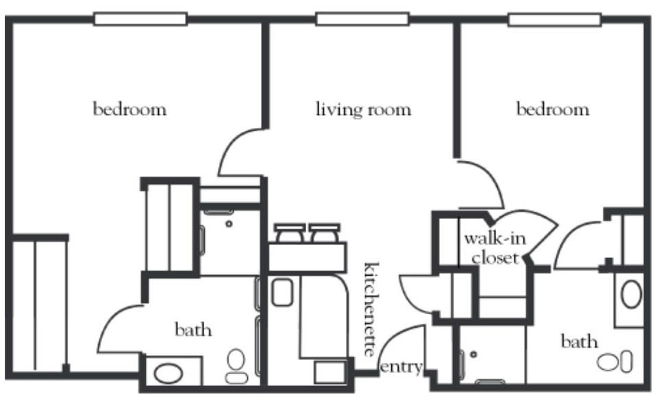 Floor plan of an apartment showing rooms such as the living room, kitchen, bathroom, and bedrooms.