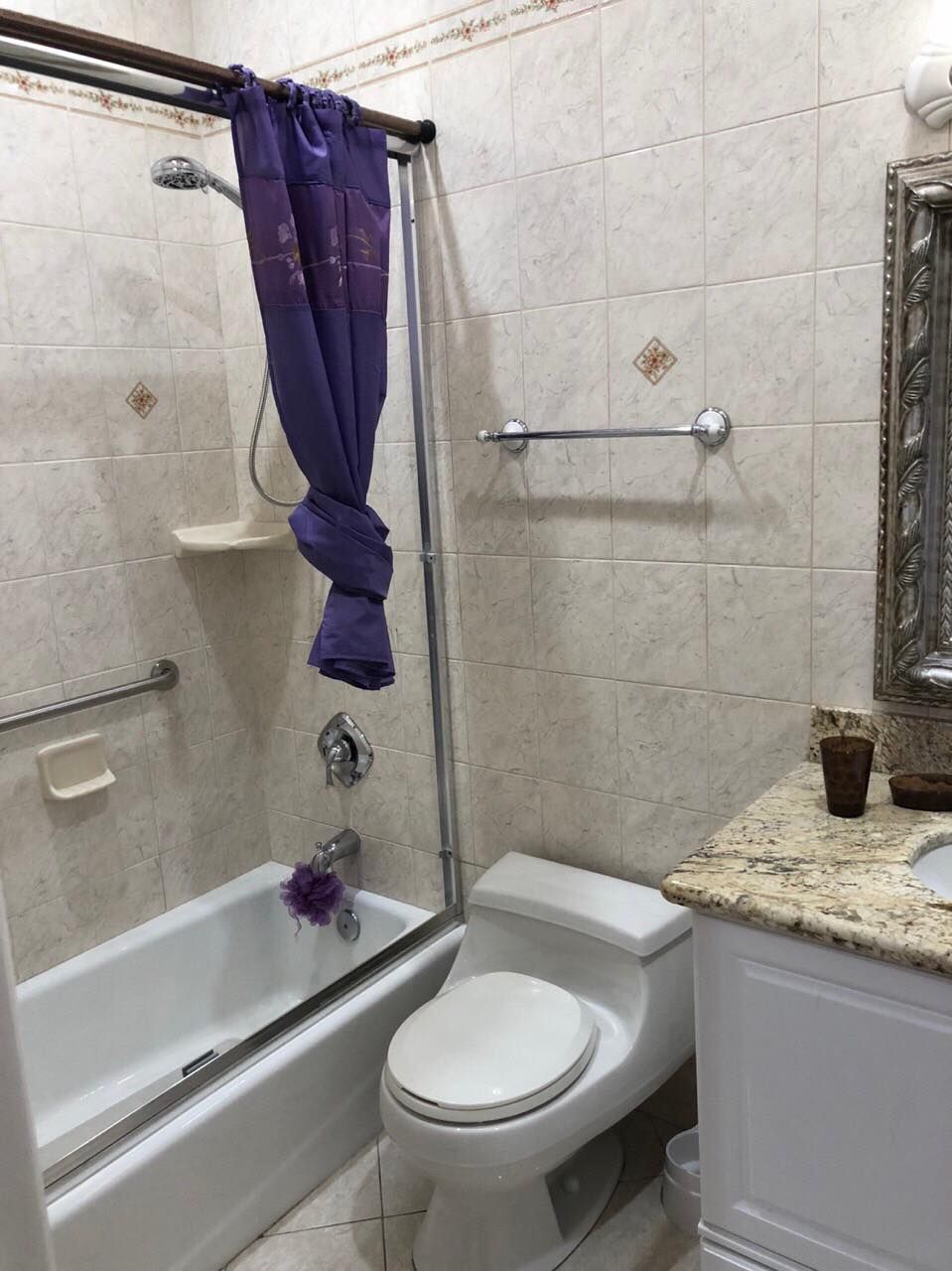 A small bathroom featuring a toilet, bathtub with a purple shower curtain, sink with granite countertop, and mirror.