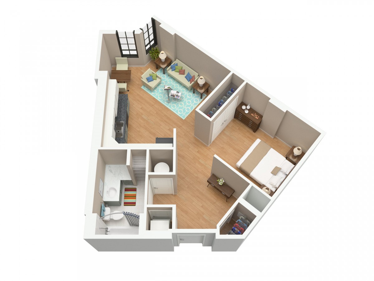 3D floor plan of a one-bedroom apartment with open living space.