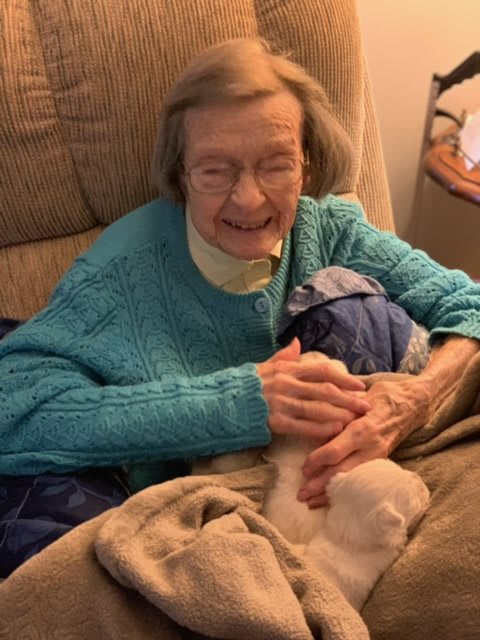An elderly woman smiling while petting a cat in her living room.