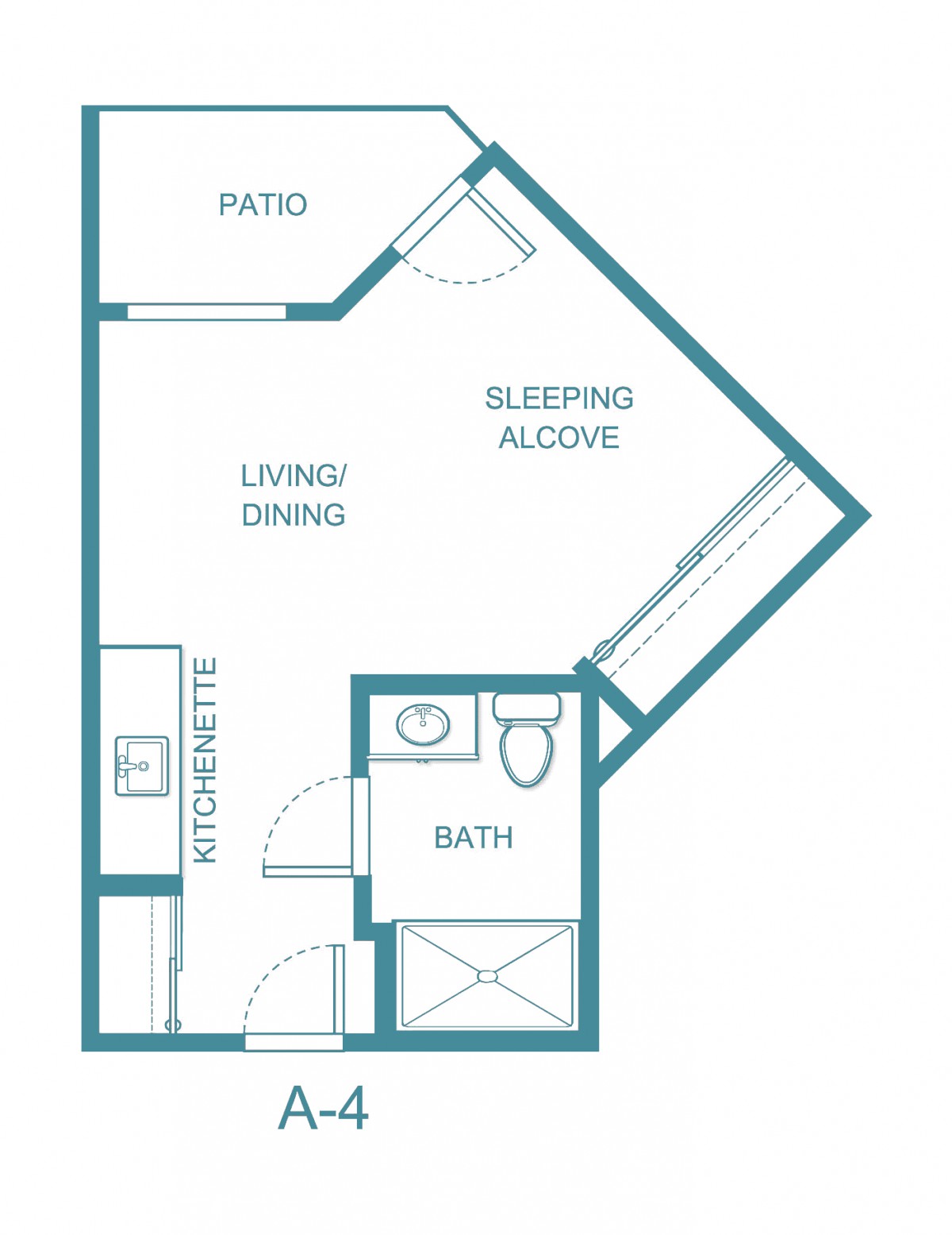 A floor plan of a studio apartment featuring a sleeping alcove, living/dining area, kitchenette, bath, and patio.