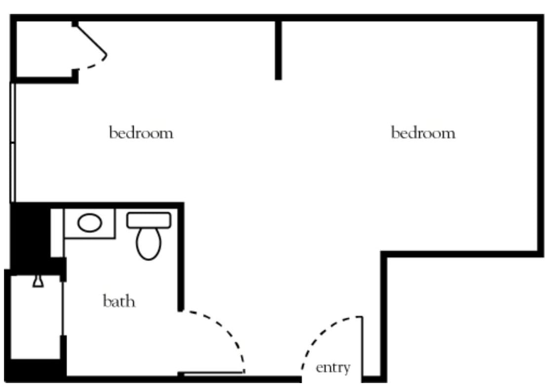 Simple floor plan featuring two bedrooms, a bathroom, and an entry area.