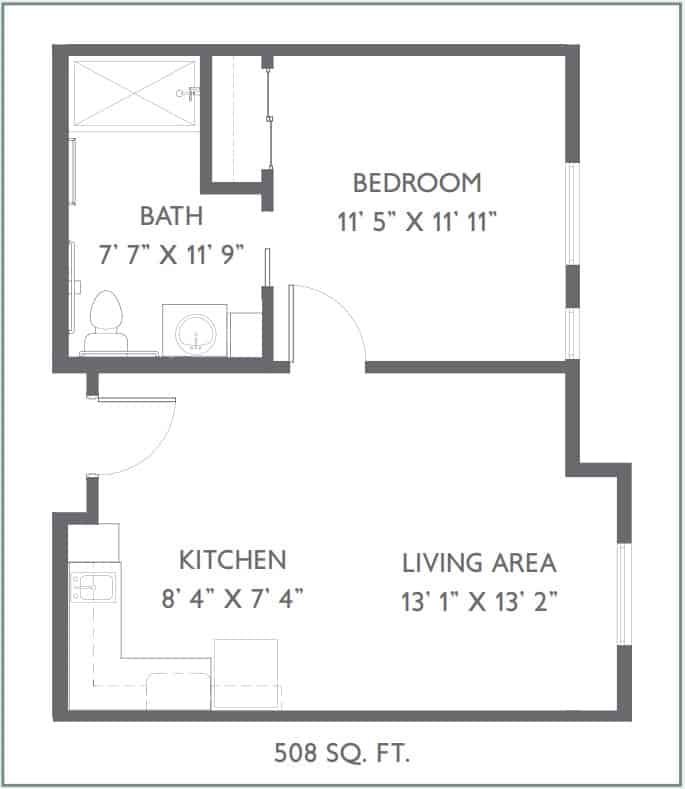 A floor plan of a small one-bedroom apartment featuring a kitchen, living area, bedroom, and bathroom.