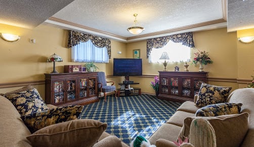 A cozy living room with a television, sofas, and patterned carpet.