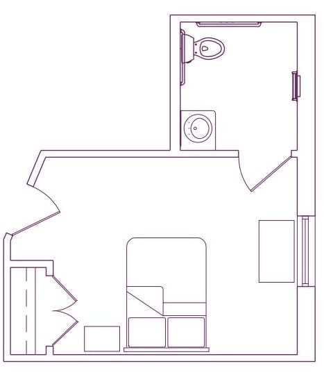 A simple floor plan illustrating a room and bathroom layout.