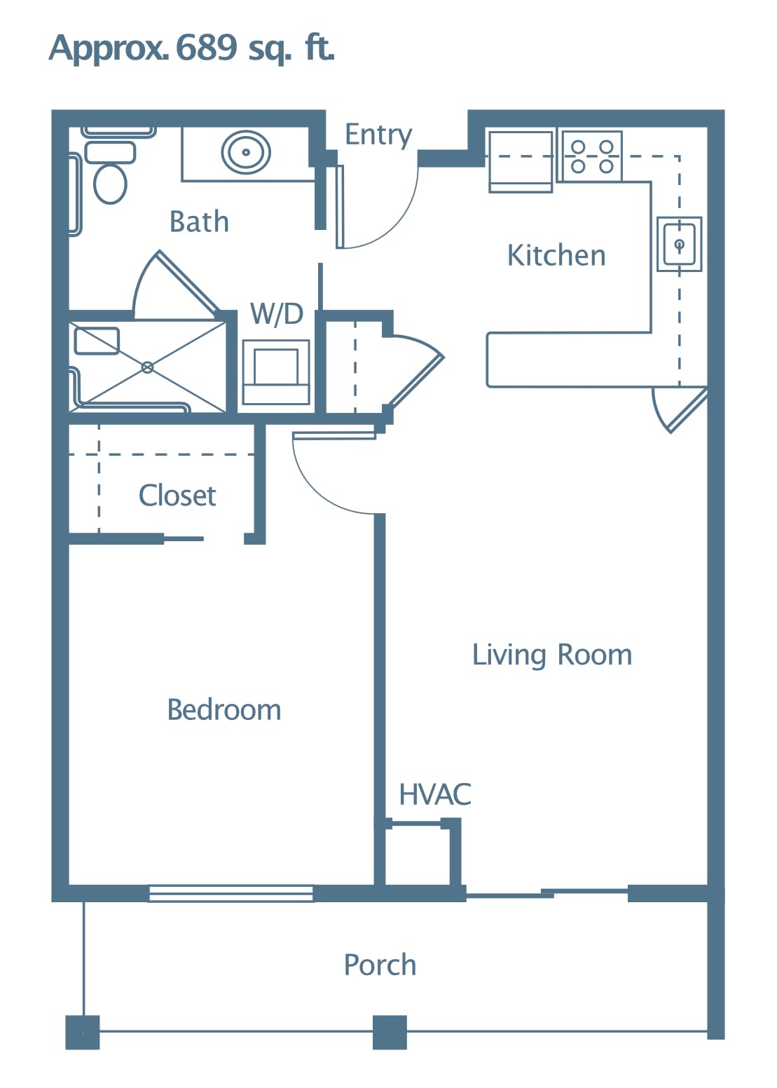 A floor plan of a one-bedroom apartment featuring a living room, kitchen, bathroom, and closet.