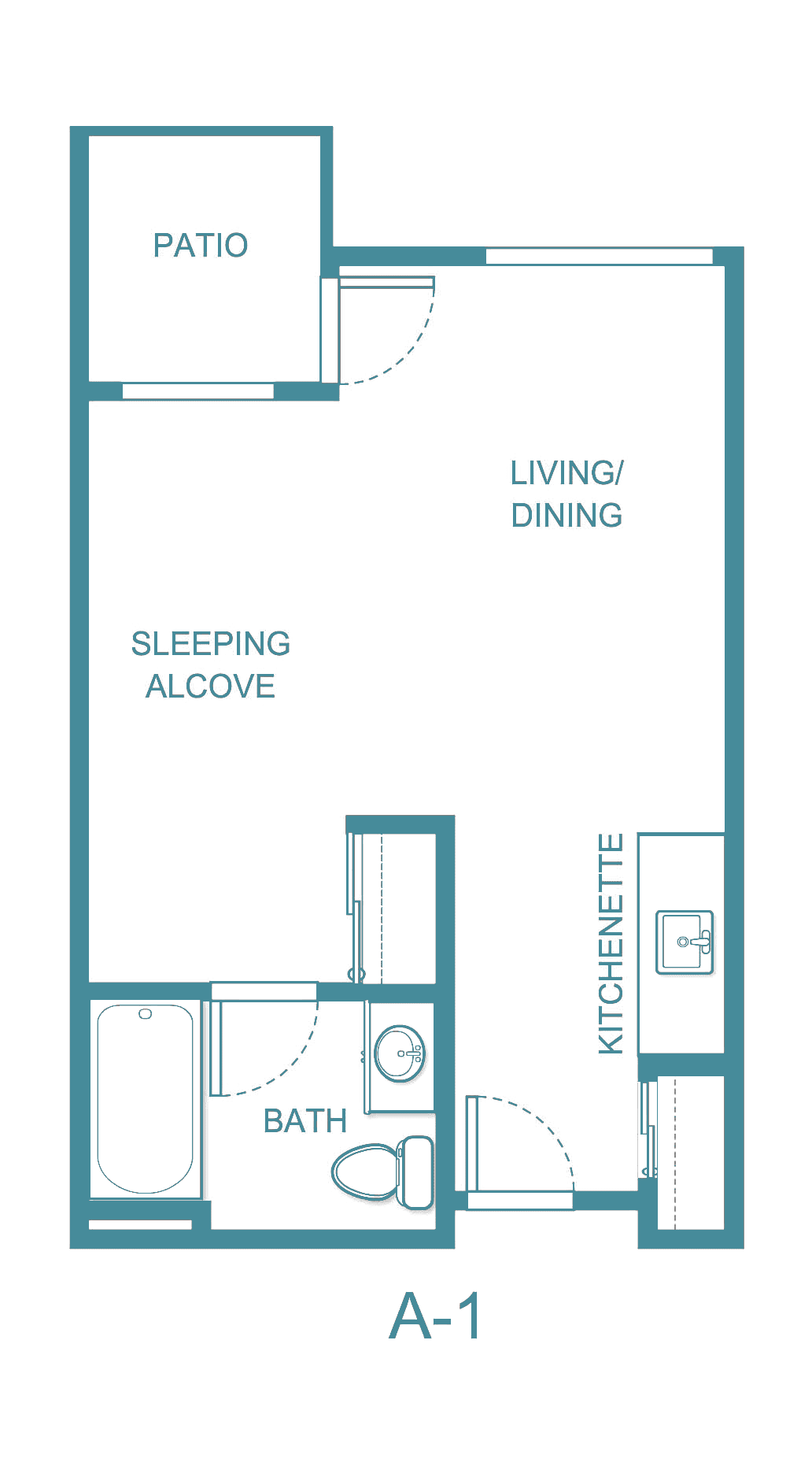 Studio apartment floor plan with sleeping alcove, kitchenette, and bathroom.