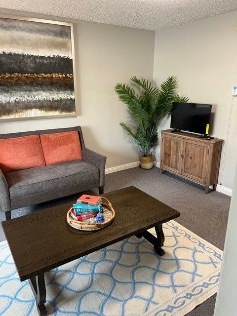 A cozy living room with a sofa, coffee table, and TV.